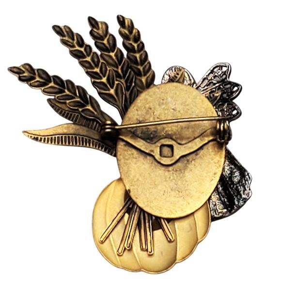 Vintage Fall Harvest Angel Pumpkin Wheat Brooch Amber Glass Cabochon Pin 2.25" - Picture 2 of 3